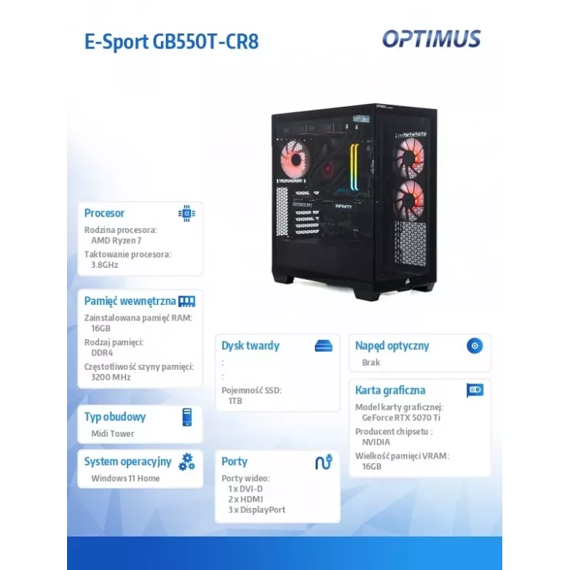 Ordenador E-Sport GB550T-CR8 Ryzen 7 5800X 16GB 1TB RTX 5060 Ti 16GB W11H
