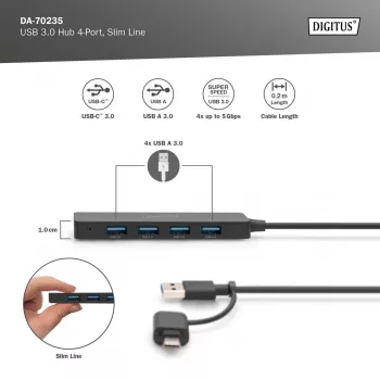 Hub USB, Digitus, DA-70235, 4 puertos, USB 3.2 Gen 1, Type-A y Type-C, 12000 Mbit/s