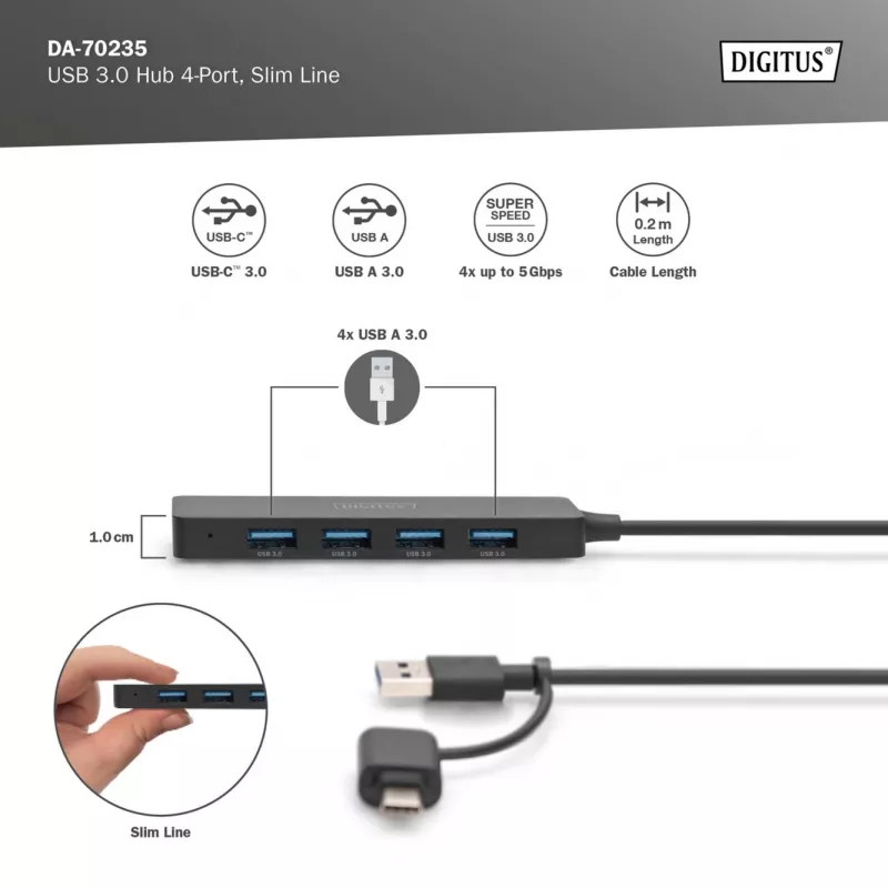 Hub USB, Digitus, DA-70235, 4 puertos, USB 3.2 Gen 1, Type-A y Type-C, 12000 Mbit/s