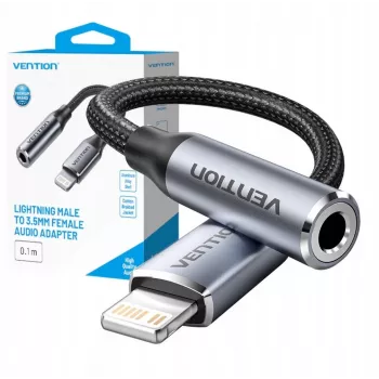 Adaptador de audio Vention Lightning a 3,5 mm BMBHA, adaptador con cable Lightning a 3,5 mm de 0,1 m, gris