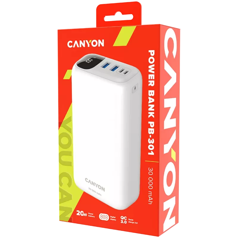 CANYON Batería externa PB-301 LED 30000 mAh PD 20W QC 3.0 Blanca