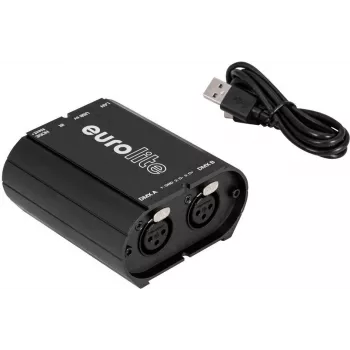 Interfaz DMX EUROLITE USB/LAN-DMX 2x512ch (modelo 51860117) — conexión USB y Ethernet para control de iluminación