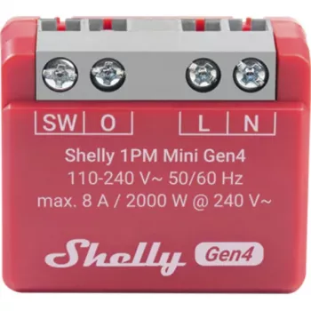 Interruptor inteligente Shelly 1PM Mini Gen4, inalámbrico 110–240 V AC, máx. 8 A / 2000 W, carcasa de plástico 34×16×29 mm