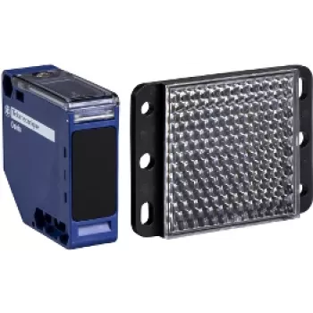 Sensor fotoeléctrico APC XUK1ARCNL2H61 — carcasa de plástico azul, alcance 0–7 m, entrada 24–240 V AC, salida 250 V, 50×50×18 mm