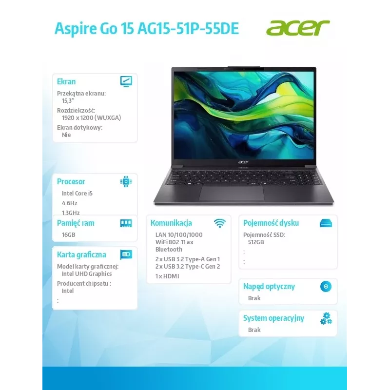 Portátil Aspire Go 15 AG15-51P-55DE i5-1334U 15.3 WUXGA, 16GB, 512GB SSD, NoOS