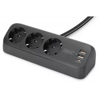 Regleta de enchufes DIGITUS 3 tomas con 2×USB-A y 1×USB-C, 3 tomas AC tipo E/F, cable de 1,5 m, negra
