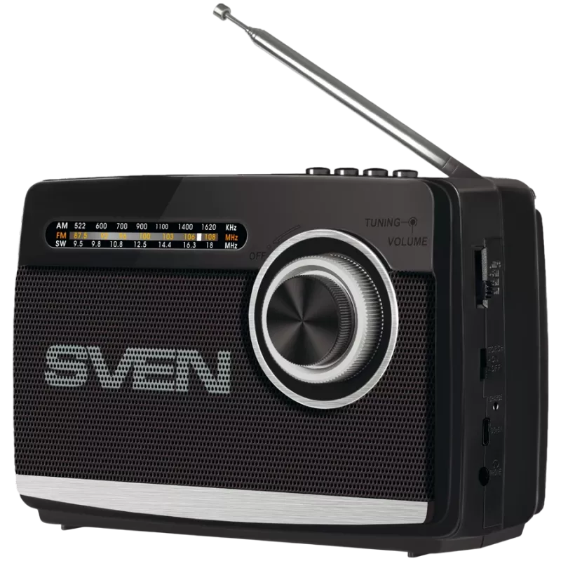 Altavoz SVEN SRP-155, negro (3W, Bluetooth, FM/AM/SW, USB, microSD, linterna, batería)