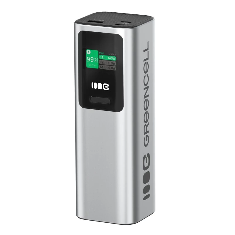 Batería portátil Green Cell PBGC25UD, 25200 mAh, Li‑Ion, 140 W de potencia total, 2× USB‑C + 1× USB‑A, pantalla OLED, carcasa de aluminio