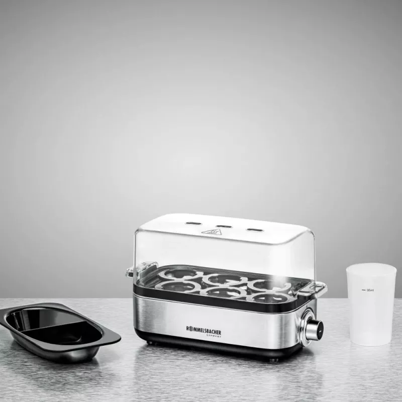 Huevera Rommelsbacher ER 600 — huevera eléctrica, capacidad 6 huevos, 400 W, acero inoxidable, tapa transparente