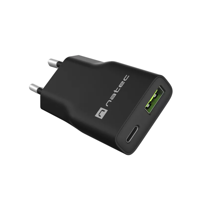 Fuente de alimentación NATEC Ribera NUC-2377 — 1×USB-A, 1×USB-C, salida 3 A