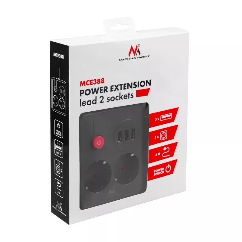 Regleta Maclean MCE388 B, 2 tomas, 3x USB, 110-240 V, 2500 W, 3 m, negra