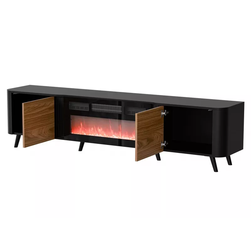 Mueble TV Cama Meble Volare 200 x 39 x 49 cm negro/nogal con chimenea