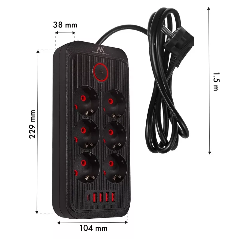 Regleta de enchufes MACLEAN MCE389 B — 6 enchufes, 4×USB-A + 1×USB-C, 110–240V, 2,1A, 2500W, cable de 1,5 m, negra