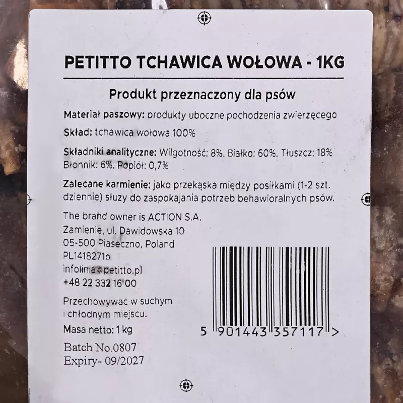 Snack para perros PETITTO tráquea de ternera 1 kg - Hueso masticable de tráquea de ternera PETITTO