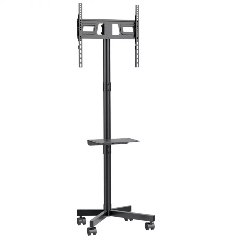 Maclean MC-949 soporte móvil con ruedas para TV de 32–55 pulgadas, VESA 75×75–400×400, máx. 25 kg, altura 149,5–154,5 cm, inclinación +5°, estante, negro