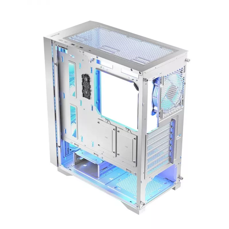 Caja de PC LOGIC Dart Pro Midi ARGB blanca — torre Midi, ATX, 456×200×385 mm, GPU máx. 34 cm, altura de disipador de CPU 155 mm, 3x120mm frontal + 1x120mm trasero, USB 3.0 x2, USB-C x1