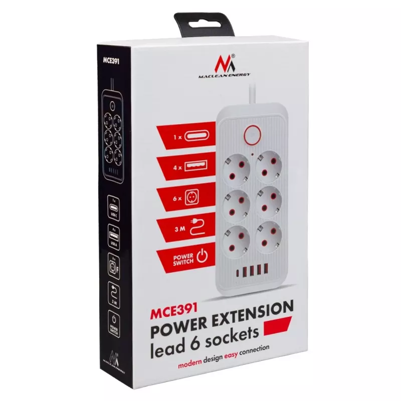 Regleta de enchufes MACLEAN MCE391 W — 6 tomas, 4×USB-A + 1×USB-C, cable de 3 m, 110–240 V, 2500 W, blanca