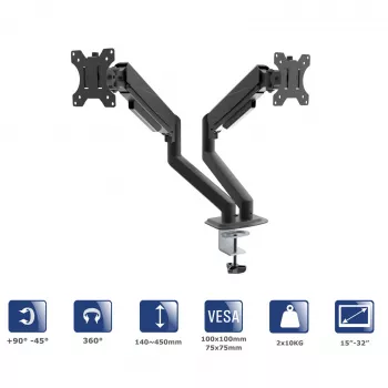 Akyga AK-MB-06 Soporte de sobremesa para dos monitores con muelles de gas, 15-32