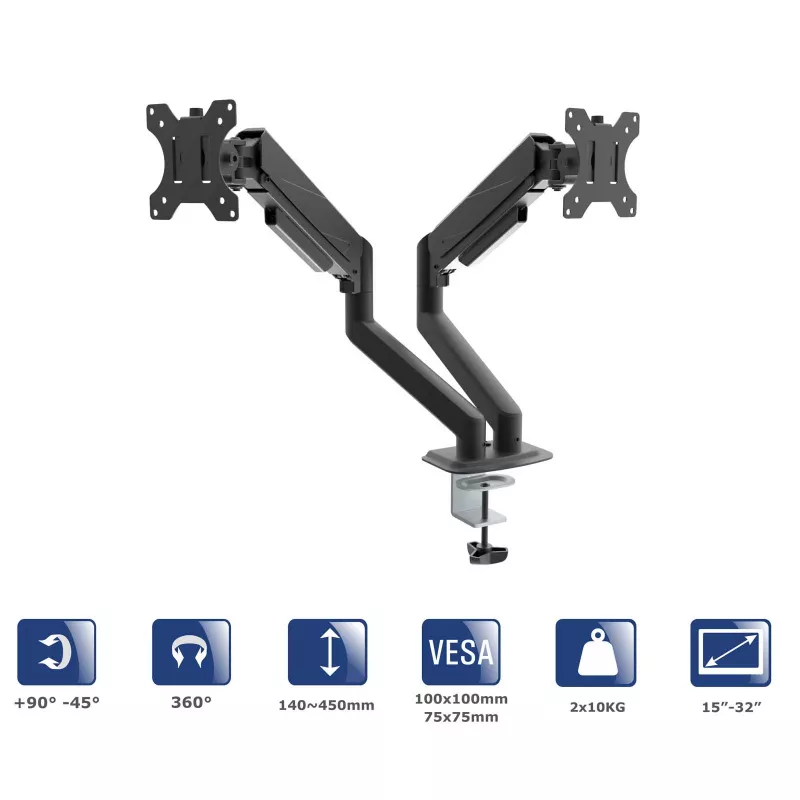 Akyga AK-MB-06 Soporte de sobremesa para dos monitores con muelles de gas, 15-32