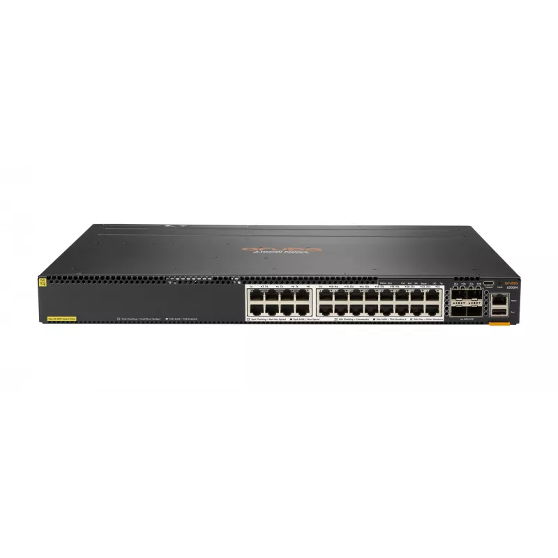 Hewlett Packard Enterprise HPE Aruba 6300M - Switch - L3 - gestionado - 24 x 1/2,5/5/10GBase-T + 4 x 1 Gigabit / 10 Gigabit / 25 Gigabit / 50 Gigabit SFP56 (Uplink / Stacking) - frontal