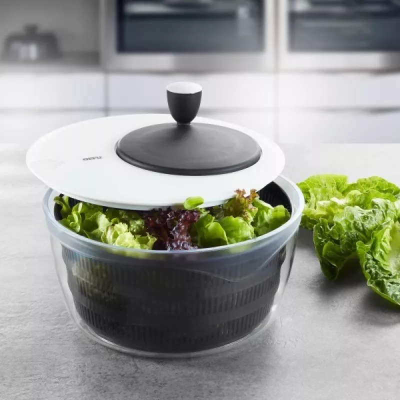 Centrifugadora de ensaladas GEFU Rotare con manivela, capacidad 3 L, carcasa de plástico, negro/blanco, apta para lavavajillas