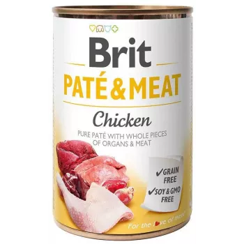 Alimento húmedo Brit Paté & Meat con pollo 400 g — alimento húmedo, lata 400 g, perros adultos, sabor principal: pollo, humedad 75 %