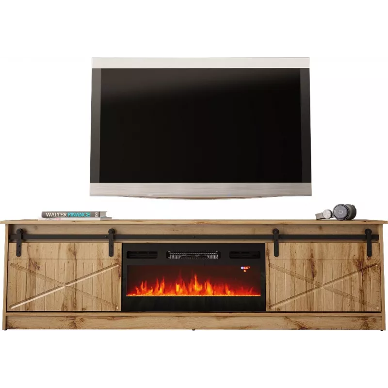 Mueble TV Cama Meble GRANERO con mueble de chimenea, roble Wotan, 2000×350×567 mm, 2 puertas, 2 estantes