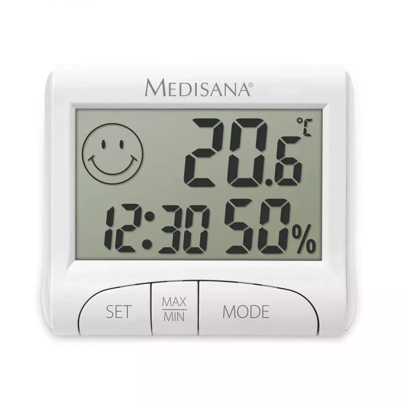 Higrómetro interior electrónico Medisana HG 100 — termómetro digital, humedad del aire 20–90 %, temp. -10–50 °C, pantalla de sobremesa, pila AAA