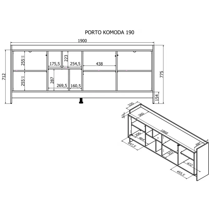 Cómoda Cama PORTO 3D 190x38x77 roble/negro