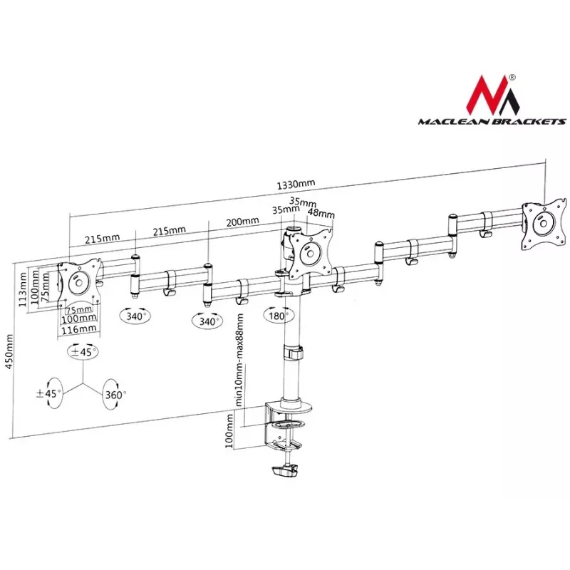 Soporte de sobremesa para monitor MACLEAN MC-691 para 3 monitores – regulable en altura e inclinable