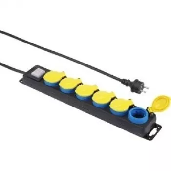 Regleta de enchufes Renkforce 650D-CMB — regleta de 6 tomas con interruptor, negra con tomas amarillas y azules