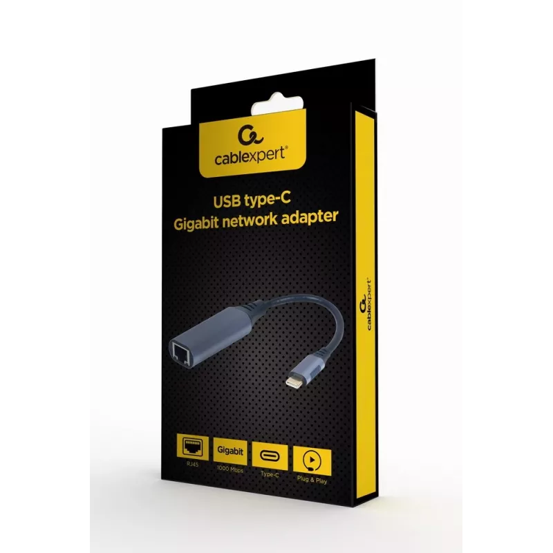 Adaptador de red Gembird A-USB3C-LAN-01 Type-C USB 3.2 Gen 1, Gigabit RJ-45, cable de 0,15 m, carcasa metálica, gris/negro