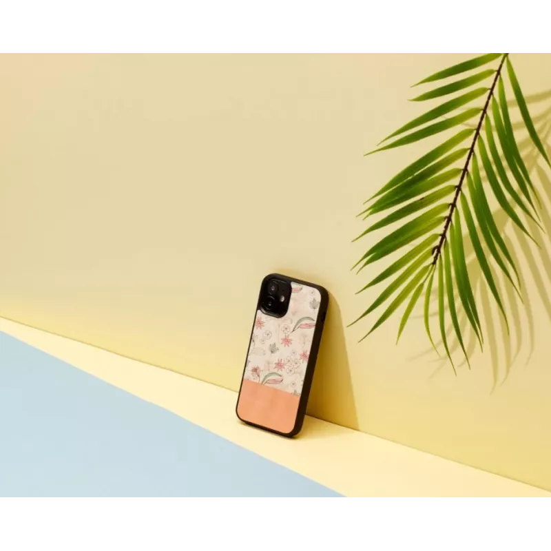 Funda protectora Man and Wood para iPhone 12 mini — flor rosa sobre negro