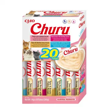 Snack húmedo para gatos INABA Churu Variety Box Seafood — 20 tubos de 14 g, pasta de pescado, sin cereales, sin azúcar y sin gluten