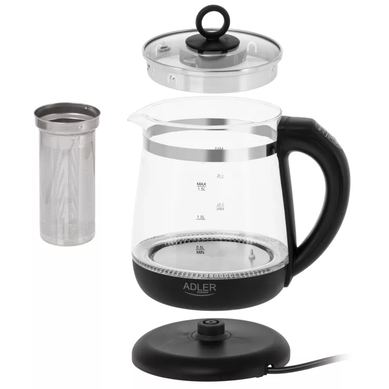Adler Hervidor de agua | AD 1299 | Eléctrico | 2200 W | 1,5 L | Vidrio | Base giratoria 360° | Negro
