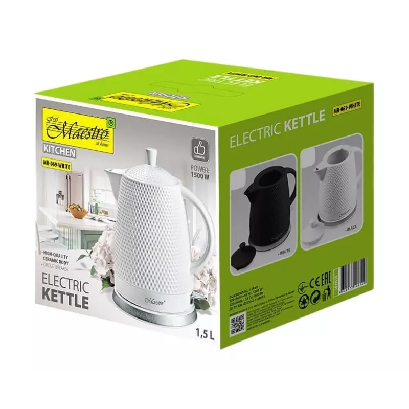 Maestro MR-069-WHITE Hervidor eléctrico de cerámica, 1,5 L, 1500 W, blanco