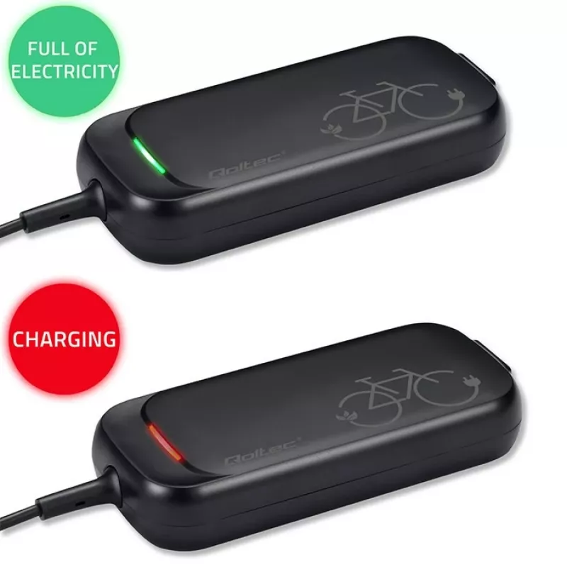 Cargador rápido Qoltec para patinete eléctrico y e-bike de 36V | 42V | 2A | 5,5*2,5 | impermeable + cable de alimentación