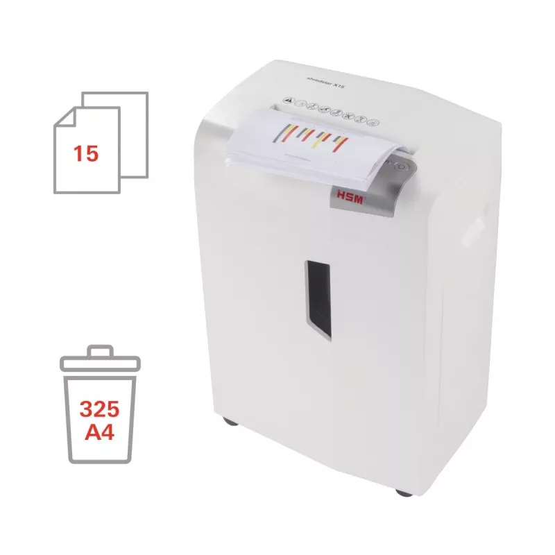 HSM shredstar X15 1030121 destructora de papel, corte en partículas 4x37 mm, P-4, 15 hojas, ancho de entrada 230 mm, cubeta de 26 l, CD/tarjetas de crédito