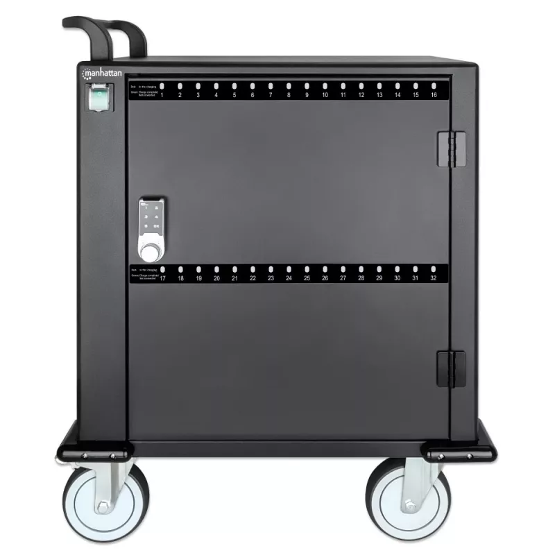 Manhattan Carro/Carrito de carga de 32 tomas por USB-C para iPad hasta 13 pulgadas, MacBook Air hasta 13 pulgadas y Chromebook hasta 14 pulgadas, también otros tablets/smartphones (con cable dispositivo a USB-C), compartimentos 330x22x235 mm, cable de carga de dispositivo no incluido (recomendado cable USB-C 35