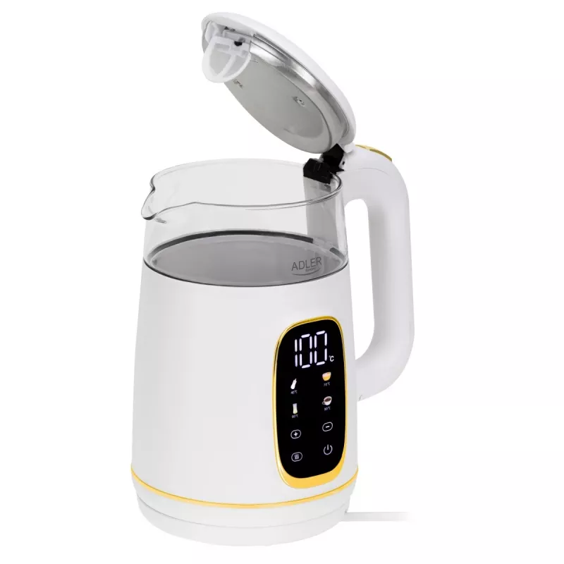 Hervidor de agua Adler AD 1305WG — 1,7 l, 2200 W, vidrio/plástico, blanco/dorado/transparente