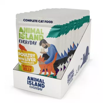 Comida húmeda para gatos animal island Everyday Ave y hígado en gelatina multipack 12 x 85 g, adulto, sin gluten ni soja