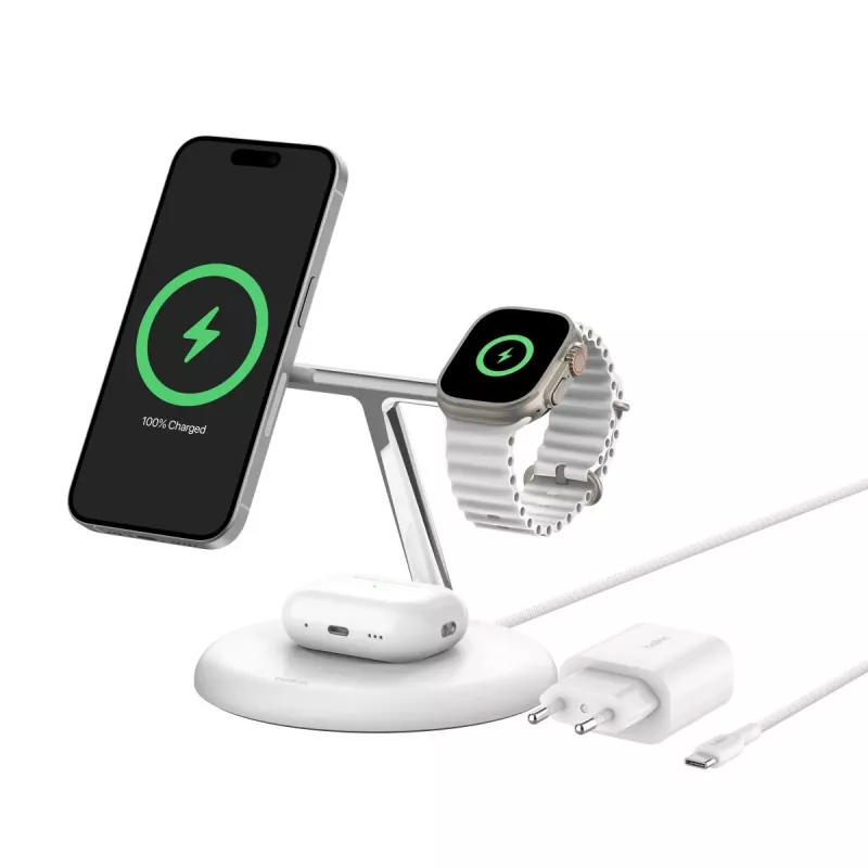 Belkin BoostCharge Pro 3 en 1 estación de carga inalámbrica con Qi2, blanco (WIZ023VFWH)