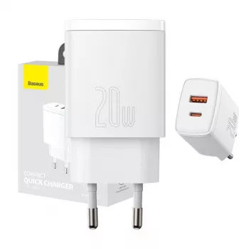 Cargador de pared Baseus Compact 1x USB-A + 1x USB-C 3A, adaptador de viaje compacto