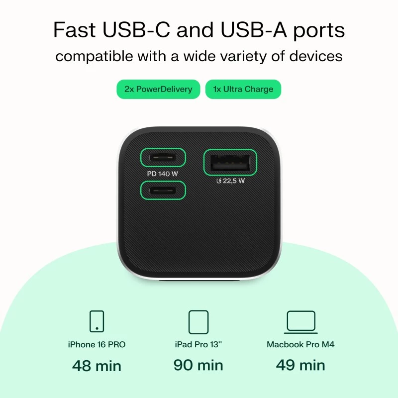 Batería portátil Green Cell PBGC25UD, 25200 mAh, Li‑Ion, 140 W de potencia total, 2× USB‑C + 1× USB‑A, pantalla OLED, carcasa de aluminio