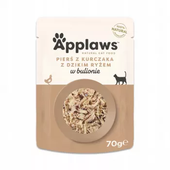 Comida húmeda para gatos Applaws pechuga de pollo con arroz salvaje en caldo 70 g bolsa, gatos adultos, 16 % proteína, 80 % humedad