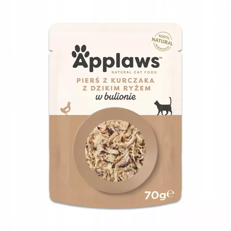 Comida húmeda para gatos Applaws pechuga de pollo con arroz salvaje en caldo 70 g bolsa, gatos adultos, 16 % proteína, 80 % humedad