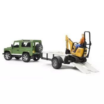 BRUDER Land Rover Defender con remolque CAT y figura vehículo de juguete