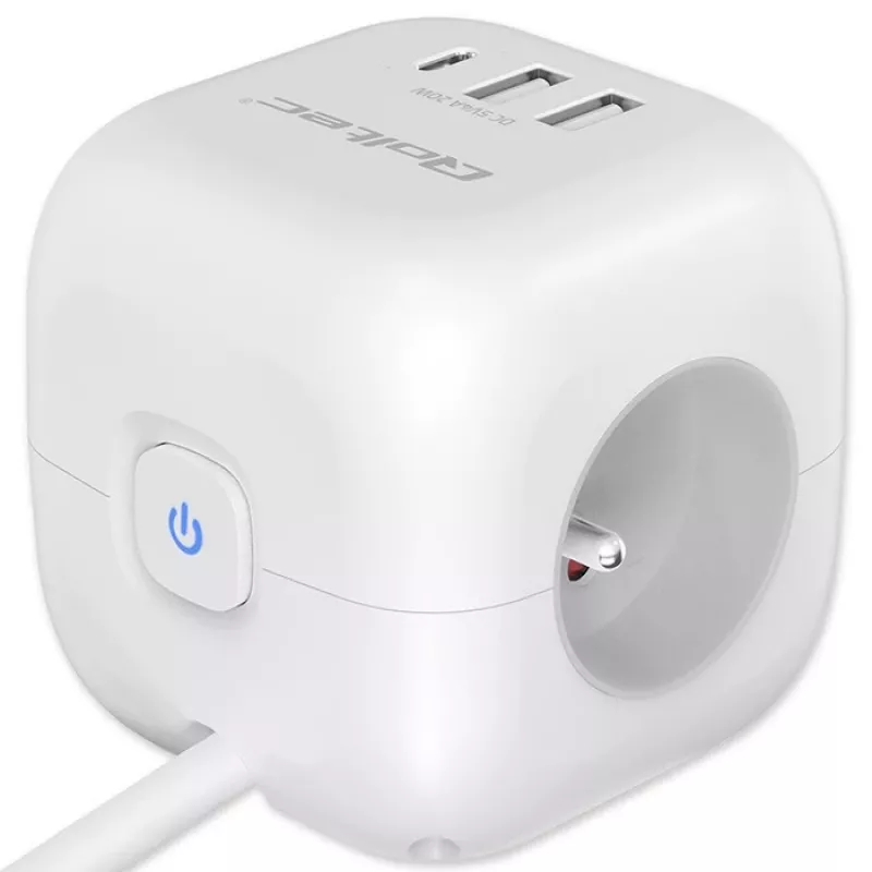 Regleta QOLTEC 52547 Power Cube 3 tomas AC, 2 USB-A, 1 USB-C PD 20W