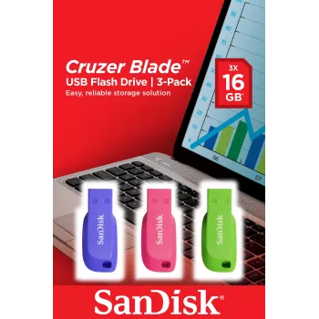 SanDisk Cruzer Blade memoria USB 2.0 de 16 GB (3 uds.), azul/verde/rosa