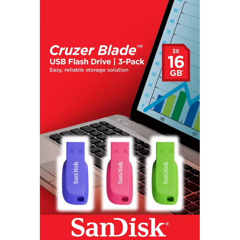 SanDisk Cruzer Blade memoria USB 2.0 de 16 GB (3 uds.), azul/verde/rosa